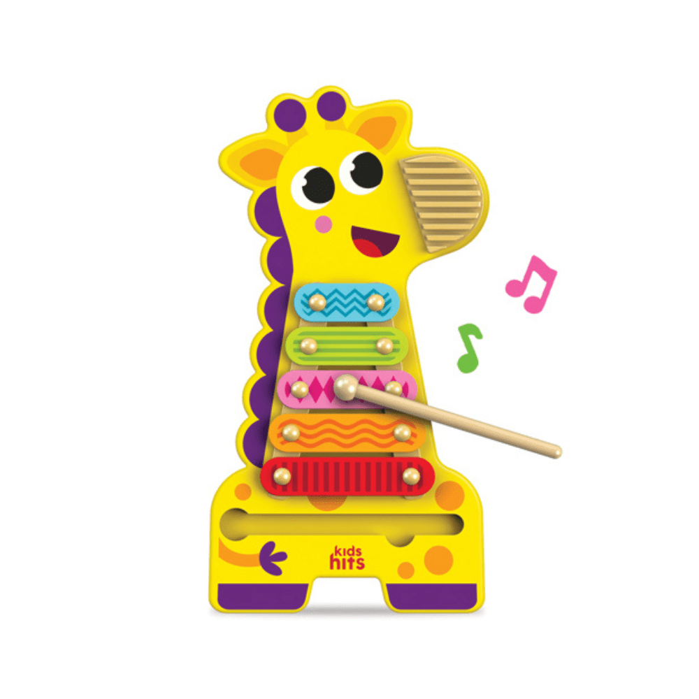 Yellow giraffe wooden xylophone with multicolor bars, beads, and wooden mallet