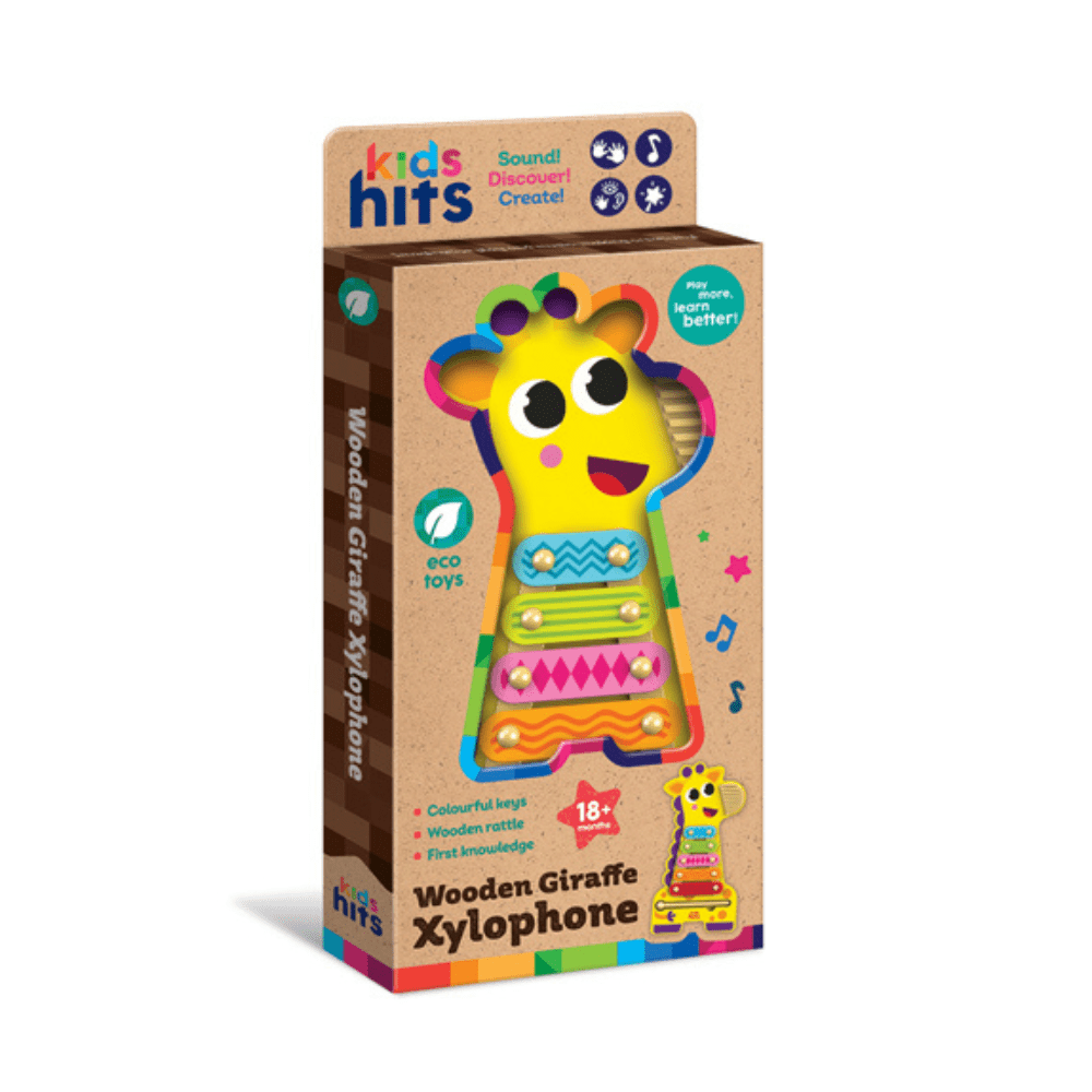 Wooden giraffe xylophone toy with colorful bead keys in retail box