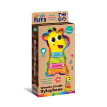 Wooden giraffe xylophone toy with colorful bead keys in retail box