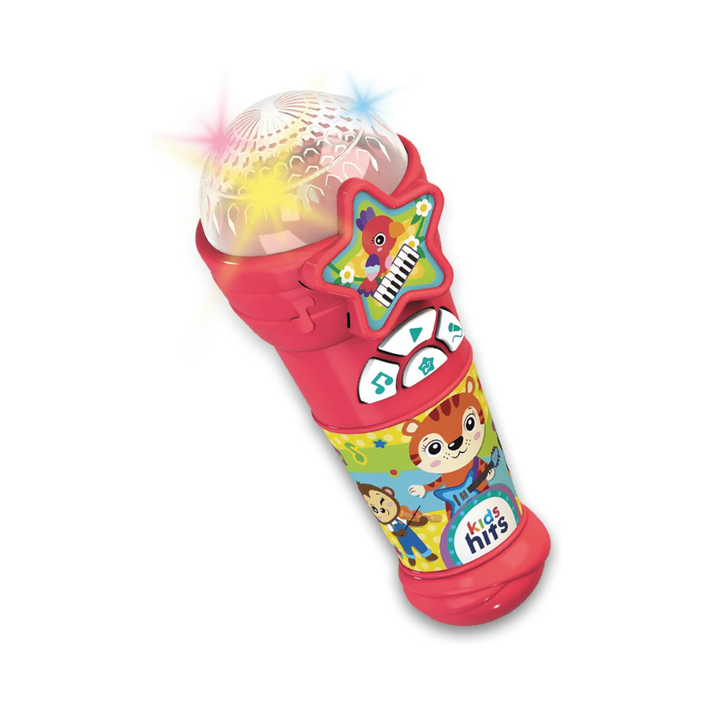 Red kids microphone phone toy handset with star-shaped music display and colorful graphics