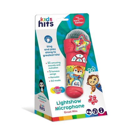 Kids lightshow microphone phone toy in retail box, red handset with colorful screen
