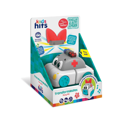 Transform toy set box with gray robot kitten figure and red siren light