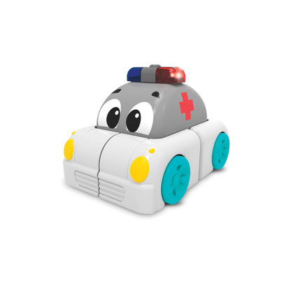 Transforming robot kitten toy, gray body with teal wheels and red top light