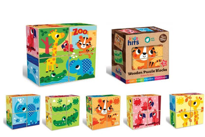Wooden zoo puzzle blocks with retail box and five colorful animal cube pieces