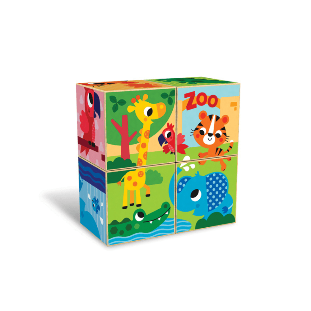 Wooden zoo puzzle block set with colorful animal illustrations on cube sides