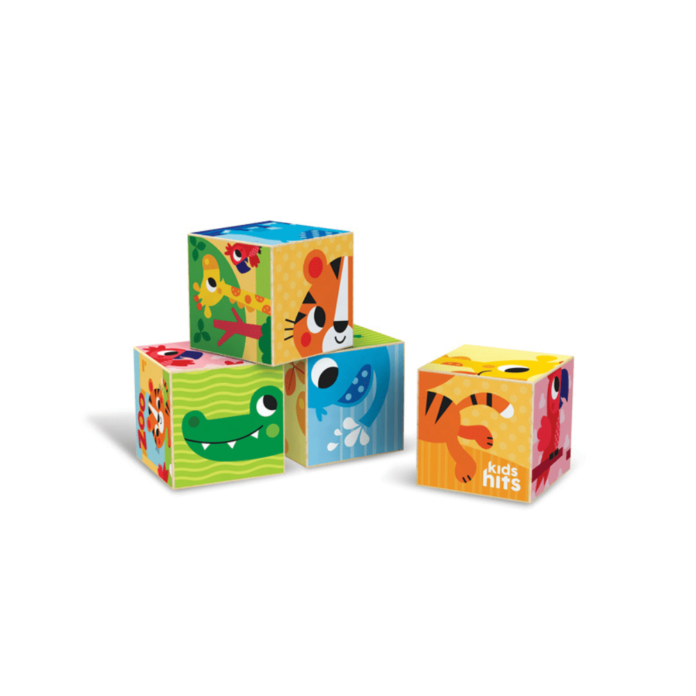 Wooden zoo puzzle blocks, colorful animal cube pieces shown separately