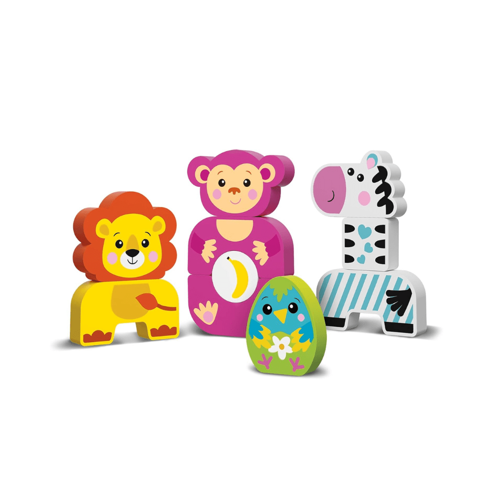 Wooden character blocks: monkey, lion, drum, giraffe-style oval, and patterned pieces