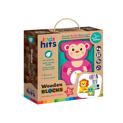 Wooden block toy set with monkey, lion, and other animal character pieces in box