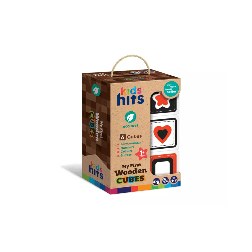 Wooden alphabet cubes set box with handle, colorful cube icons