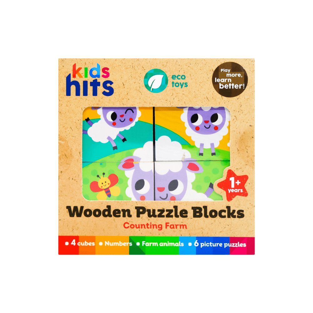Wooden puzzle cube set, farm animals and numbers box packaging, 4 cubes