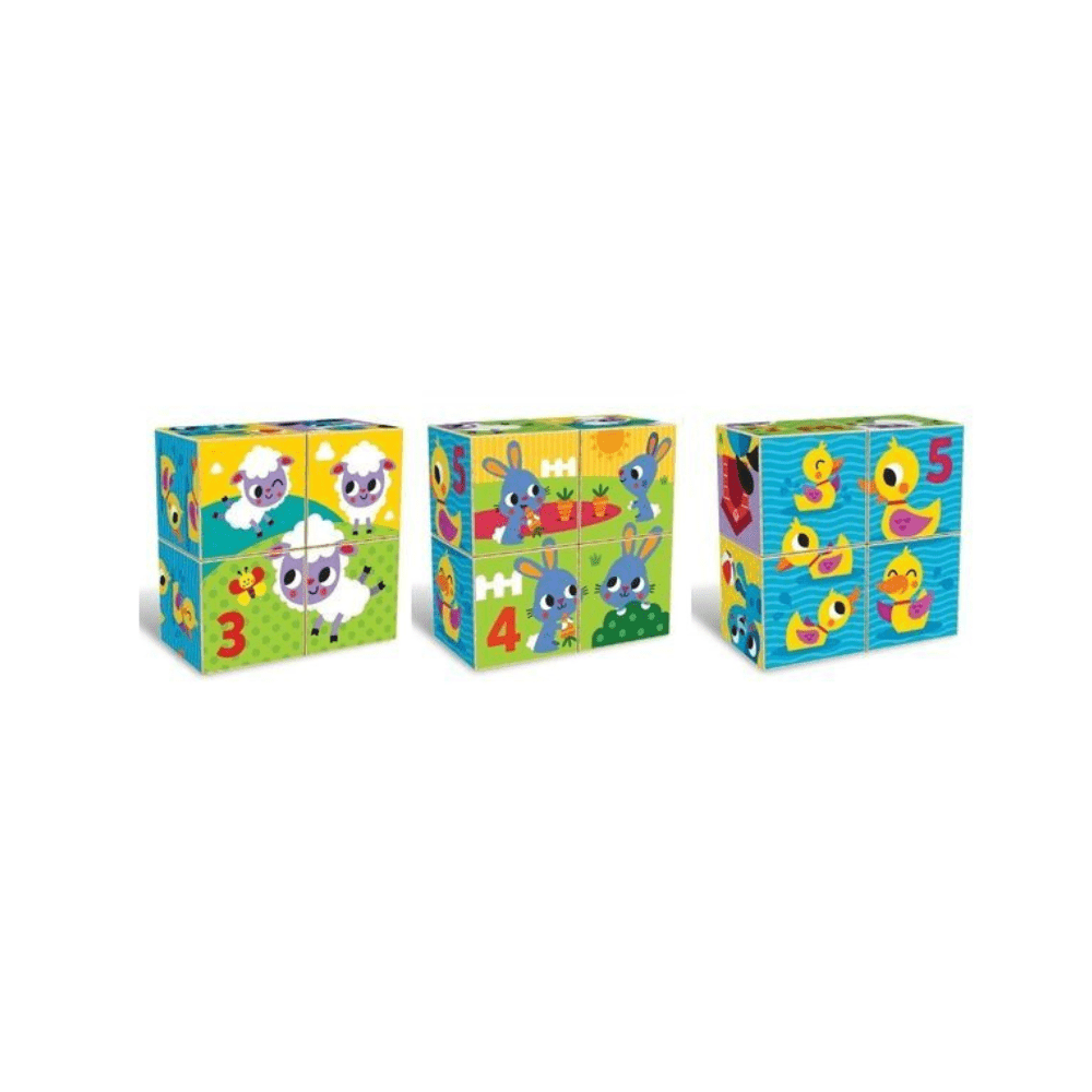 Numbered wooden puzzle cubes with farm animals graphics, showing 3, 4, and 5