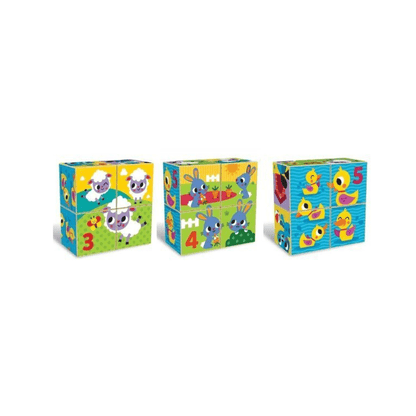 Numbered wooden puzzle cubes with farm animals graphics, showing 3, 4, and 5