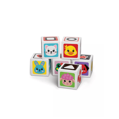 Stacked white wooden animal cubes with cat, duck, bunny, and hedgehog faces