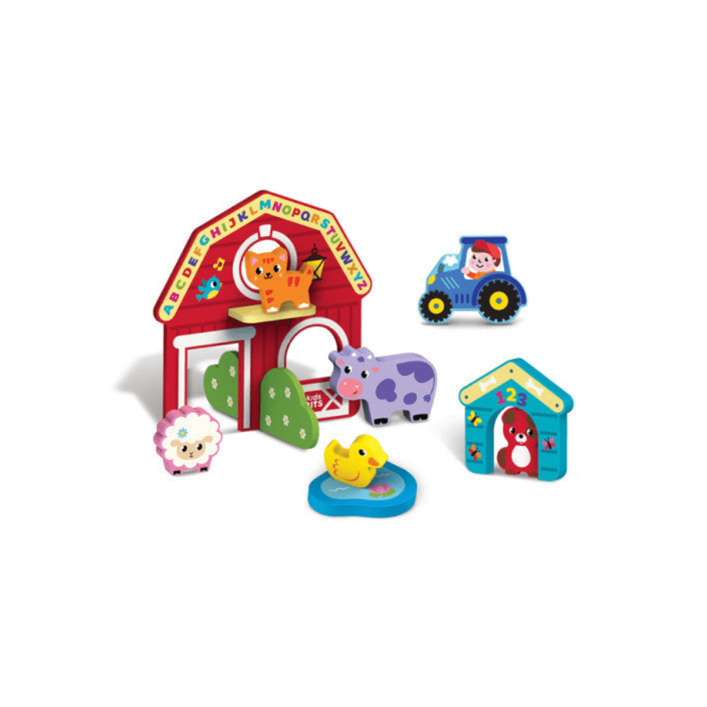 Wooden farm set with barn, farm animals, tractor, and number play pieces