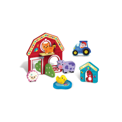 Wooden farm set with barn, farm animals, tractor, and number play pieces