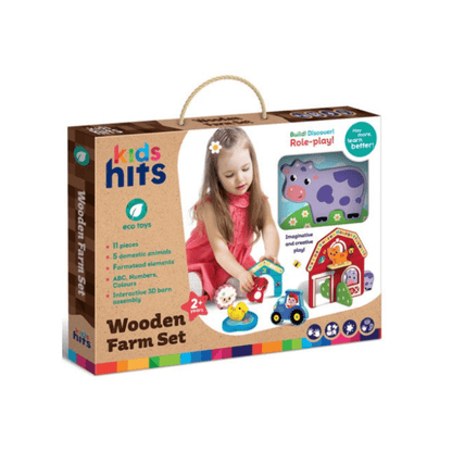 Wooden farm animal set gift box with handle and colorful farm scene graphics