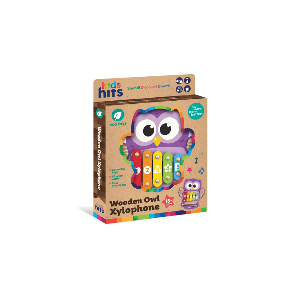 Wooden owl xylophone toy with rainbow mallet and five colorful wooden tone bars