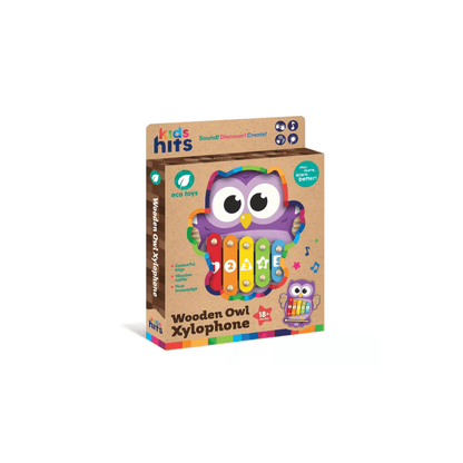 Wooden owl xylophone toy with rainbow mallet and five colorful wooden tone bars