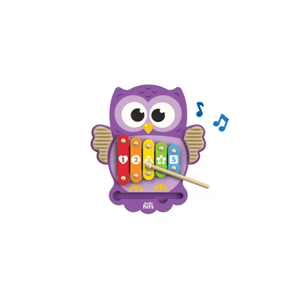 Owl-shaped wooden xylophone toy with multicolor tone bars and wooden mallet