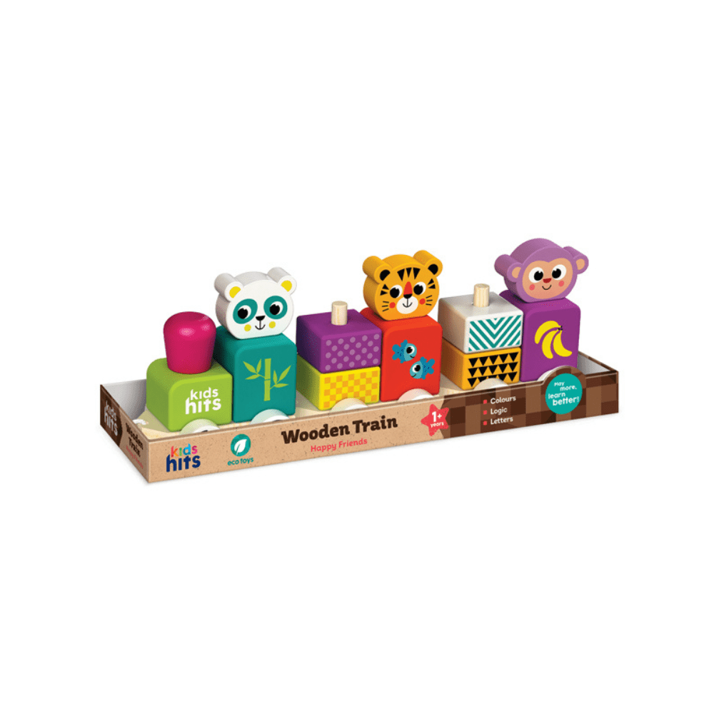 Wooden toy train set with animal character cars, cubes, and a wooden tray