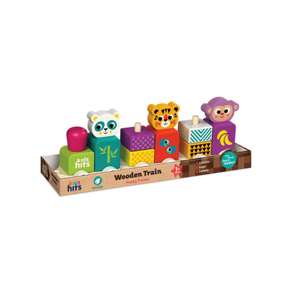 Wooden toy train set with animal character cars, cubes, and a wooden tray