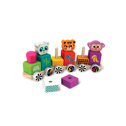 Wooden toy train set pieces: animal cars on wheels with stacking cubes