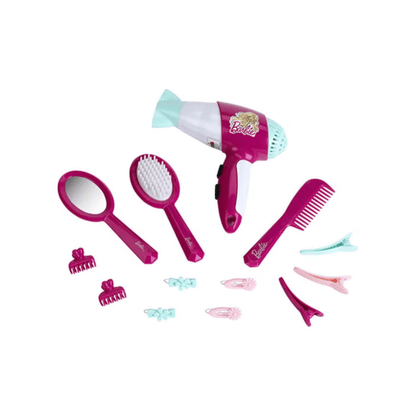 Hairdressing set with pink hairdryer, mirror brush and comb with hair clips