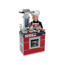 Bordeaux compact play kitchen in red with oven window and cookware on the stovetop