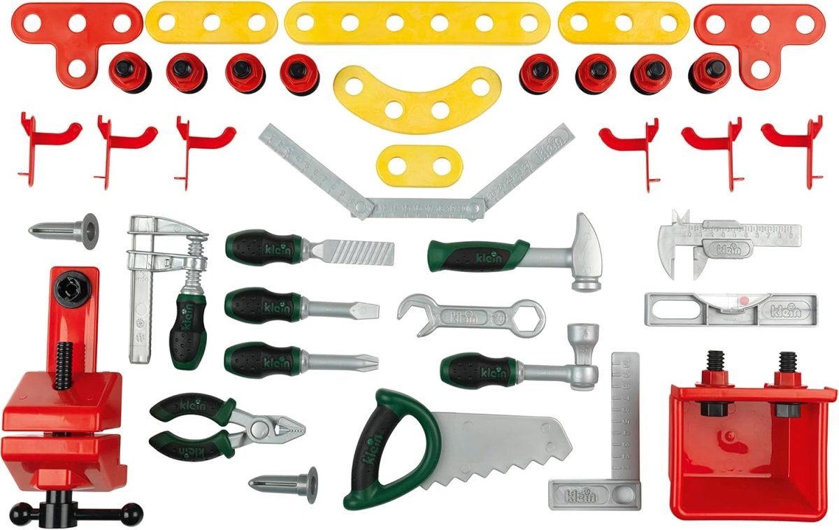 Bosch toy tools close-up: hammer, saw, screwdriver, wrenches, and red base pieces