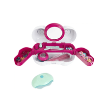 Manicure and hairdressing kit with comb and brush, open case, pink handles