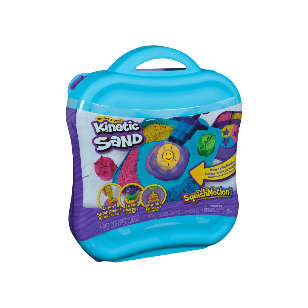 Squish Motion Set aus Kinetic Sand, blauer Aufbewahrungskoffer mit bunten Werkzeugen