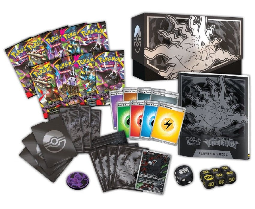 Elite Trainer Box contents: multiple card packs, player’s guide, and dice