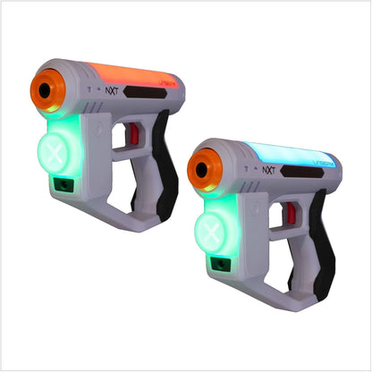 LaserX NXT Micro B2 blaster toy, gray with orange barrel and glowing green X buttons