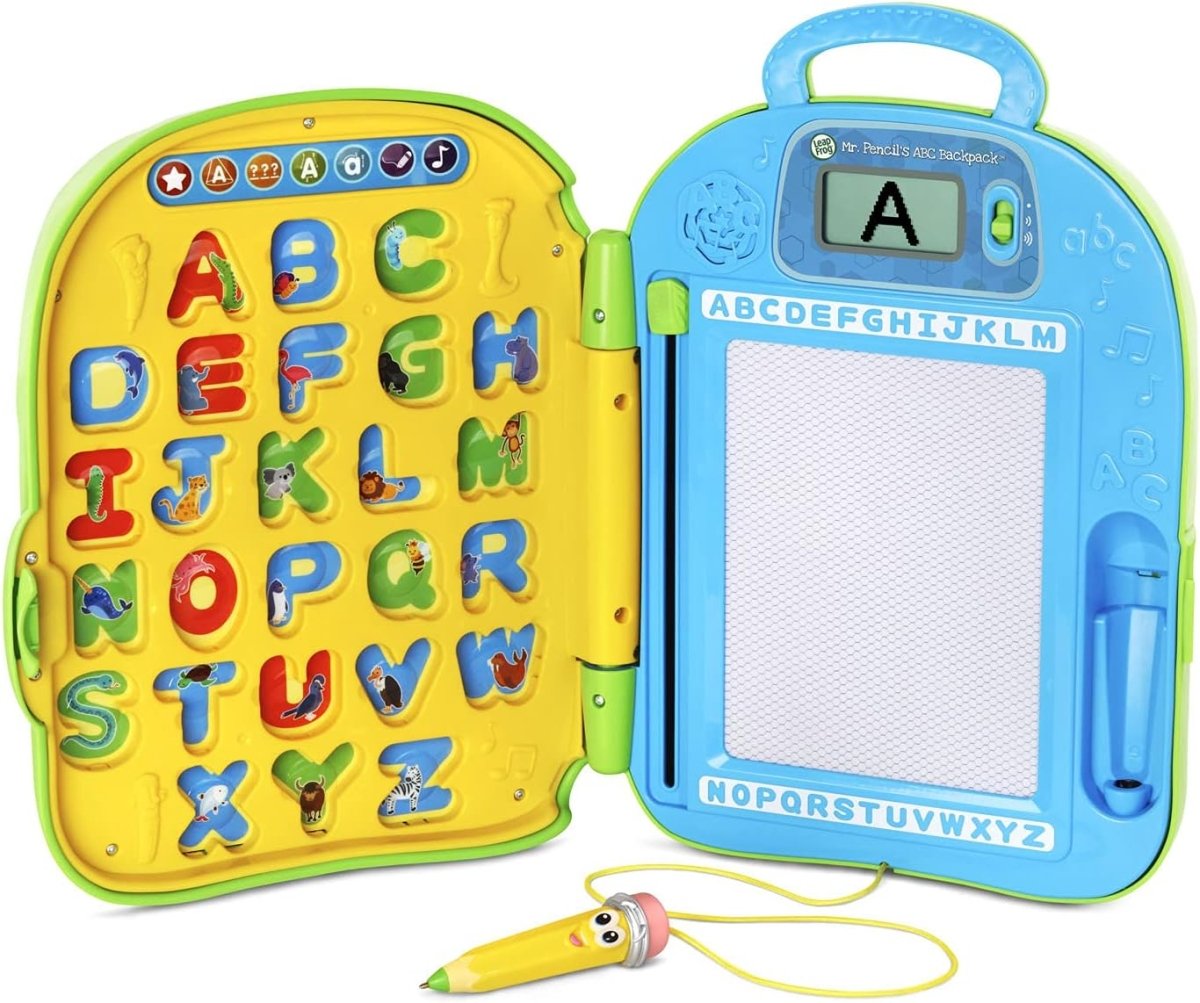 Alphabet backpack toy with yellow letter board and blue slate showing A
