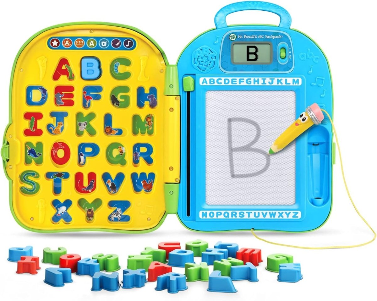 Alphabet backpack toy with yellow letter board, blue slate showing B, letter tiles