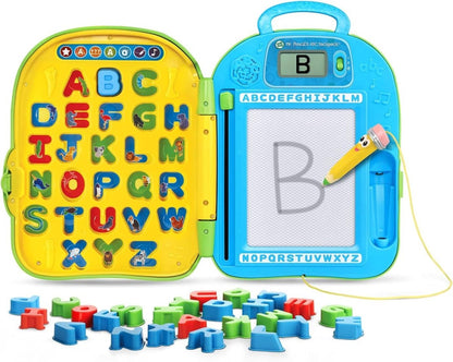 Alphabet backpack toy with yellow letter board, blue slate showing B, letter tiles