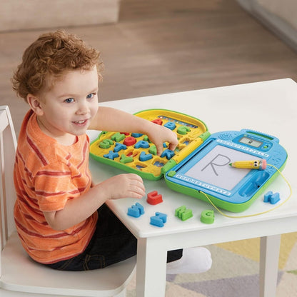 Blue alphabet writing backpack toy on table with magnetic letter pieces and stylus