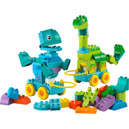 Wheeled dinosaur builds: blue and green dinos with connecting rope and wheels