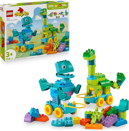 LEGO 3-in-1 dinosaur on wheels set: two wheeled dinos and colorful bricks