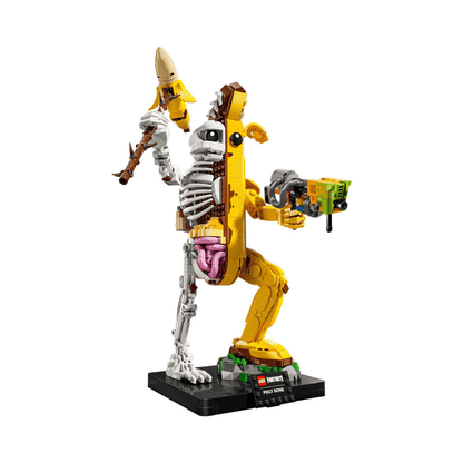 Peely Bone LEGO build figure: yellow character with skeleton arms on display base