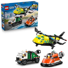 LEGO City Set mit gelbem Rettungsflugzeug, weißem Service-Truck und orange Hovercraft
