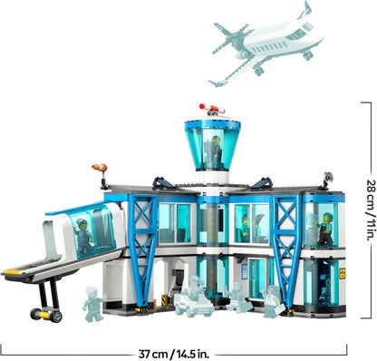 Airport terminal with control tower, jet overhead, minifigures and gray vehicle