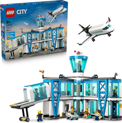 Airport with airplane set box: blue terminal, tower, plane, minifigures