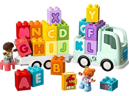 Alphabet Truck mit bunten Buchstaben-Bausteinen und LEGO-Figur