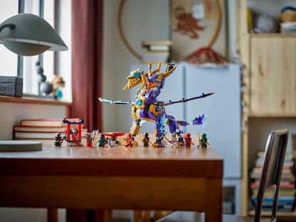 Arc Dragon of Focus Drachenmech aufgestellt, Gold-Lila mit blauen Flügeln und Figuren