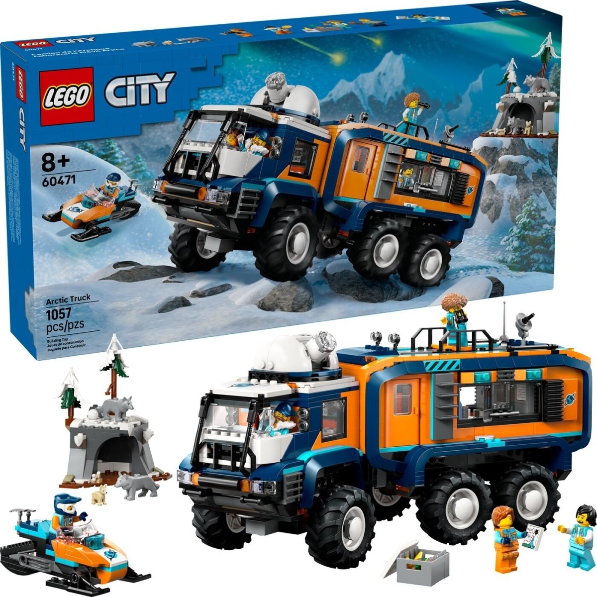 LEGO City Arctic Explorer Science Lab Truck with orange cab, blue chassis, big all-terrain wheels