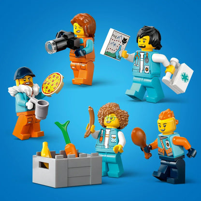 Minifigures with Arctic Explorer Science Lab Truck props: tools, pizza slice, and specimen items