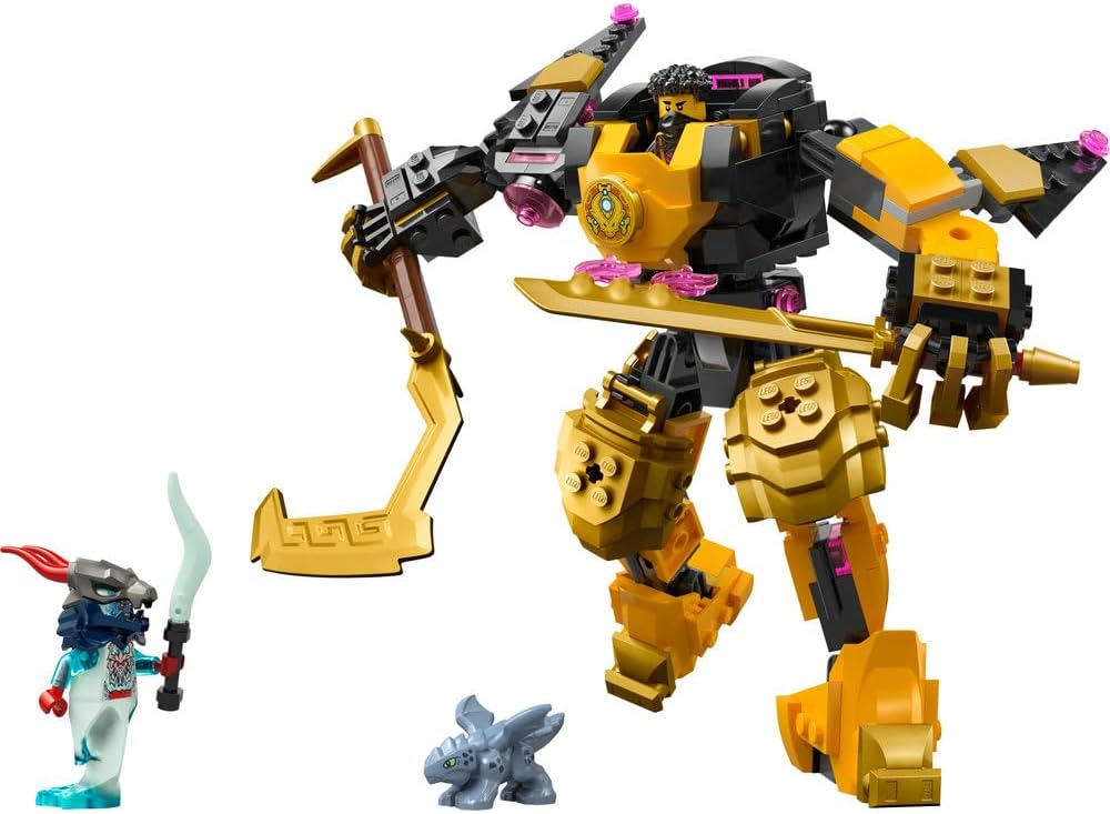 Yellow and black Spinjitzu Battle Mech with gold sword and pink-purple arm accents