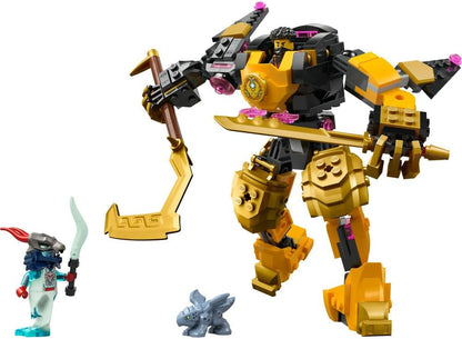 Yellow and black Spinjitzu Battle Mech with gold sword and pink-purple arm accents