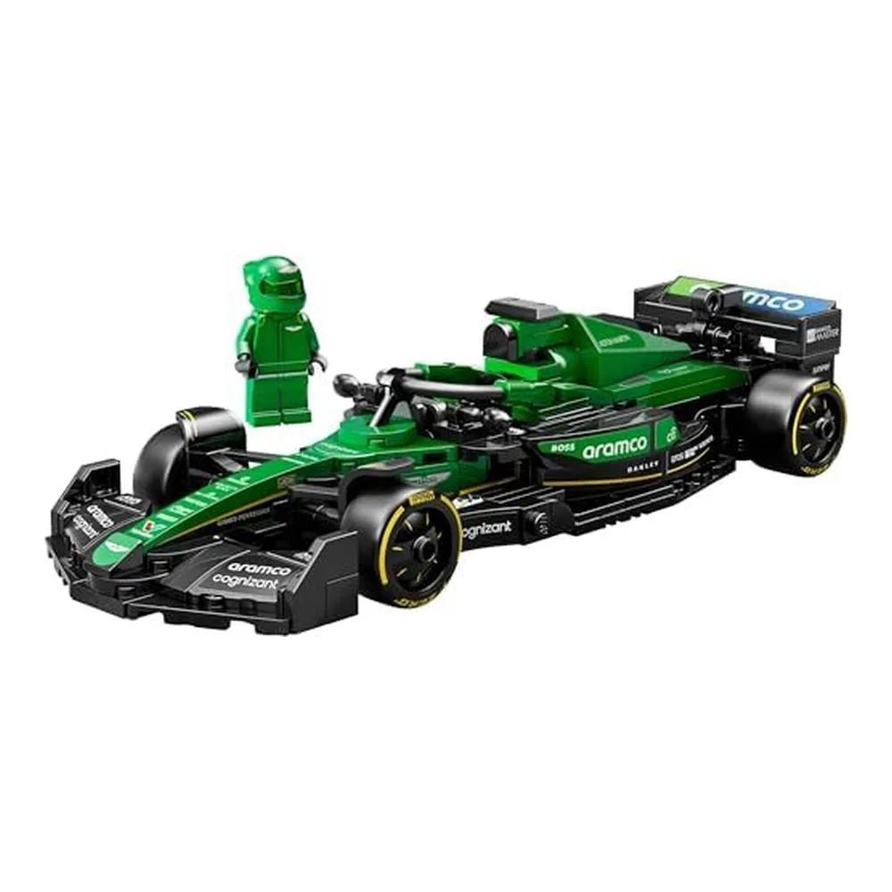 Green LEGO Speed Champions AMR24 race car model with black wings and yellow wheels